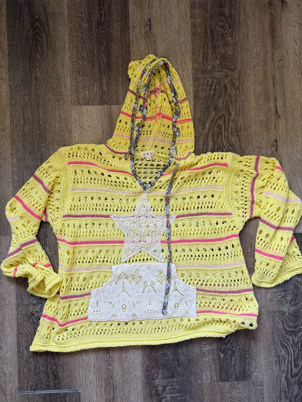 POL Yellow Crochet Hoodie with Pink and Floral Accent. Never worn